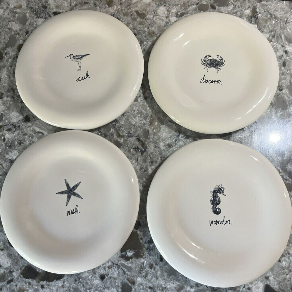 Rae Dunn Ceramic Plate Set Nautical‎ Beach Discover Wish Seek Wander Bird Star